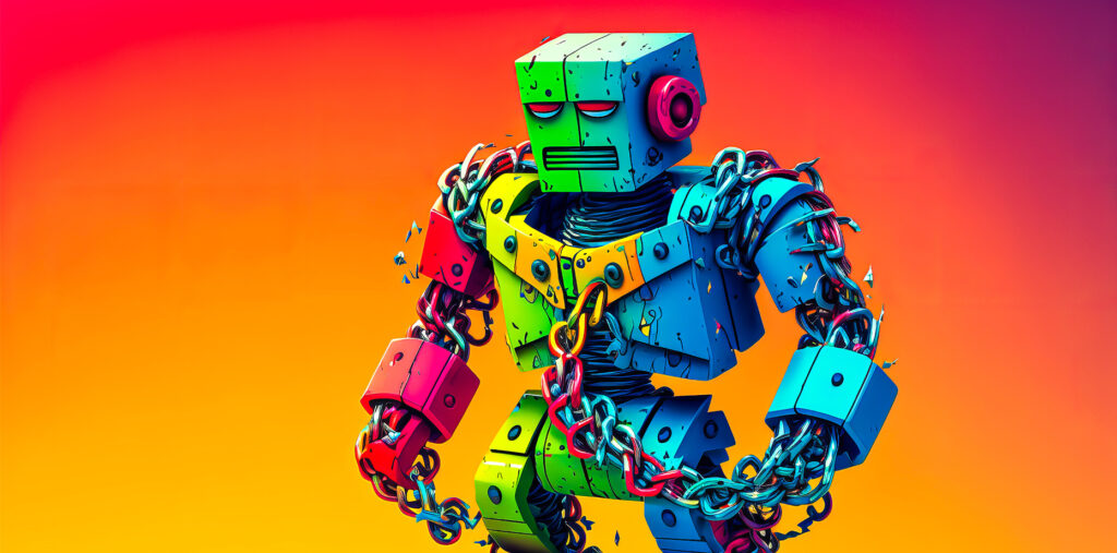Robot qui se libère de ses chaînes.