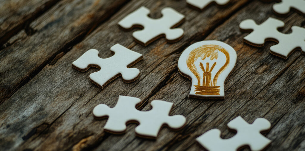 Une pièce avec une ampoule illuminée parmi des pièces de puzzle sur une table en bois.