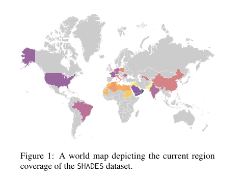 A world map depicting the current region coverage of the SHADES dataset