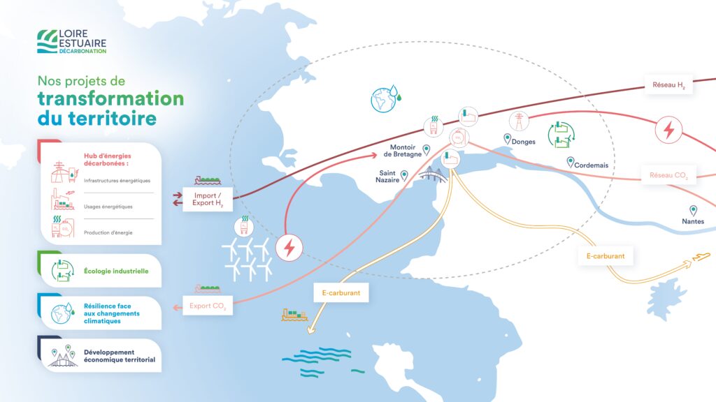 Carte de la démarche Loire Estuaire Décarbonation qui montre leurs projets de transformation du territoire.