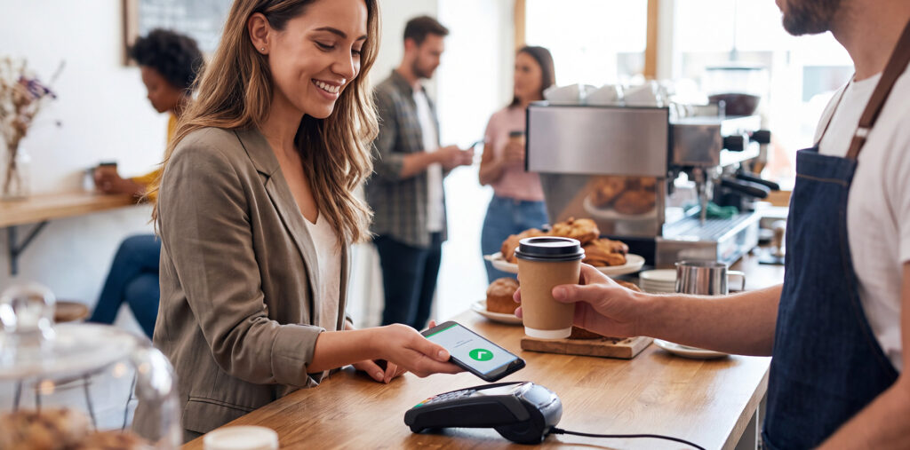 Femme qui achète un café en payant par téléphone.